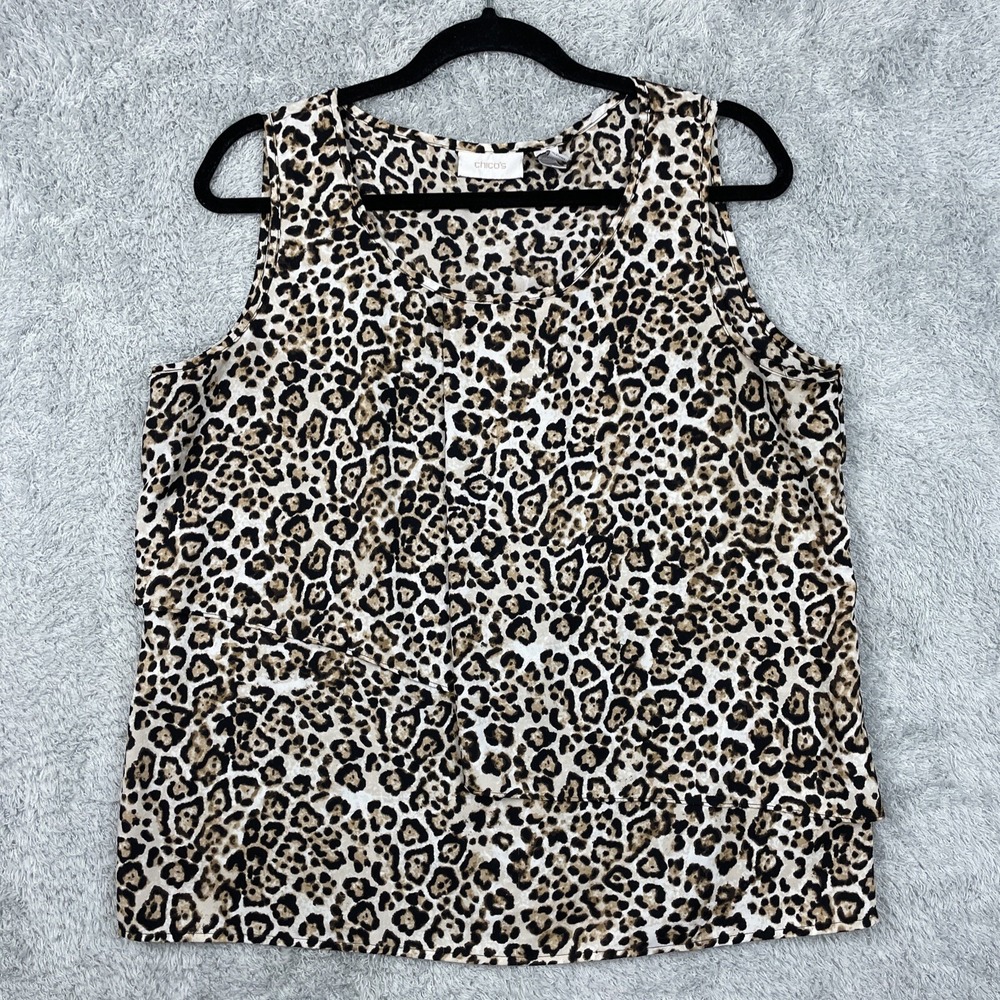 Chicos Top Womens 2 Large Cheetah Animal Print Blouse Sleeveless Shirt Mob Wife